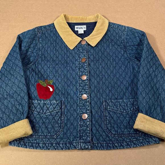 Vintage Quilted Denim Jacket With Corduroy Collar And Apple Patches Sz Large - Picture 3 of 8